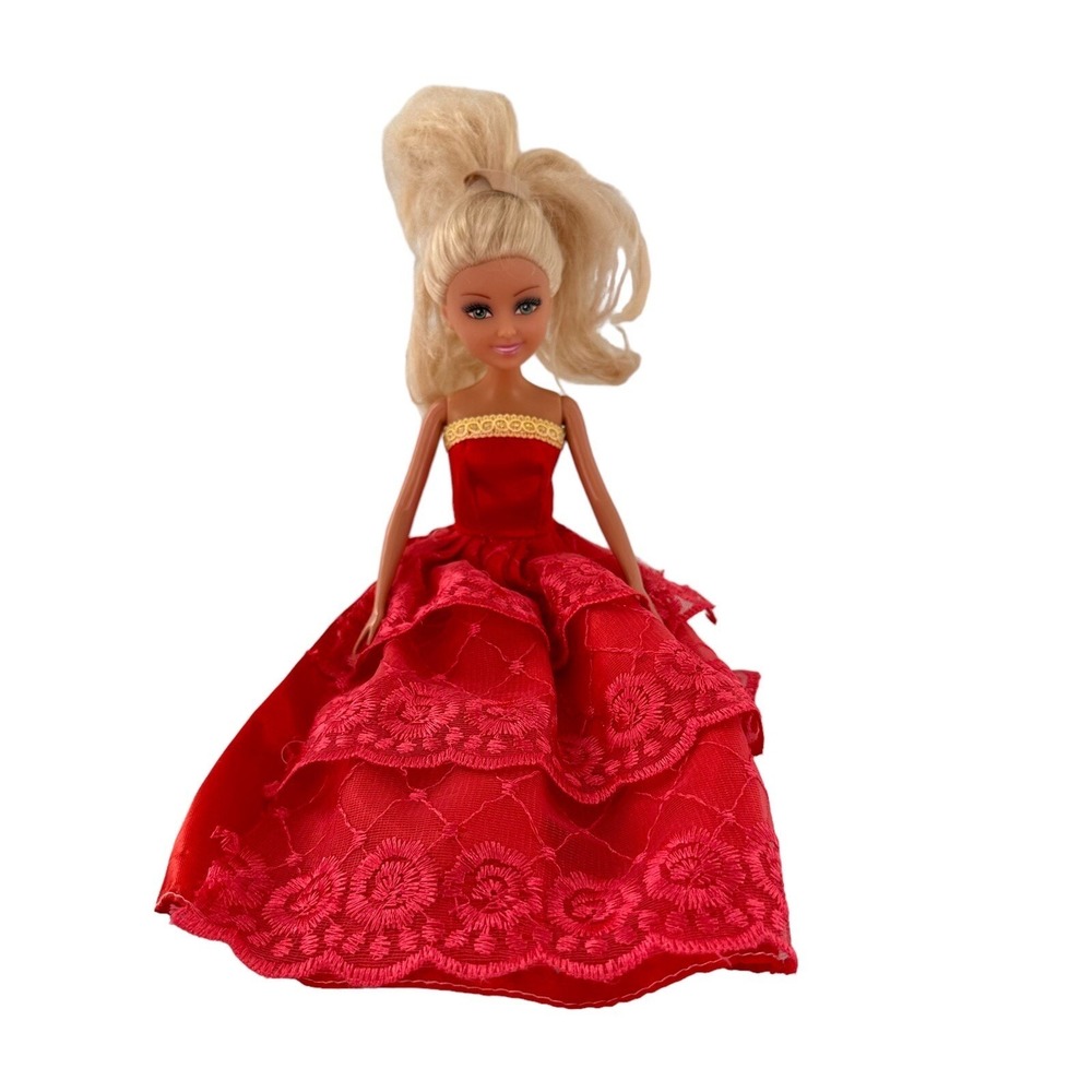 BARBIE FASHIONISTA Blonde HAIR Blue EYES DOLL Red DRESS HEARTS Plastic Gift
